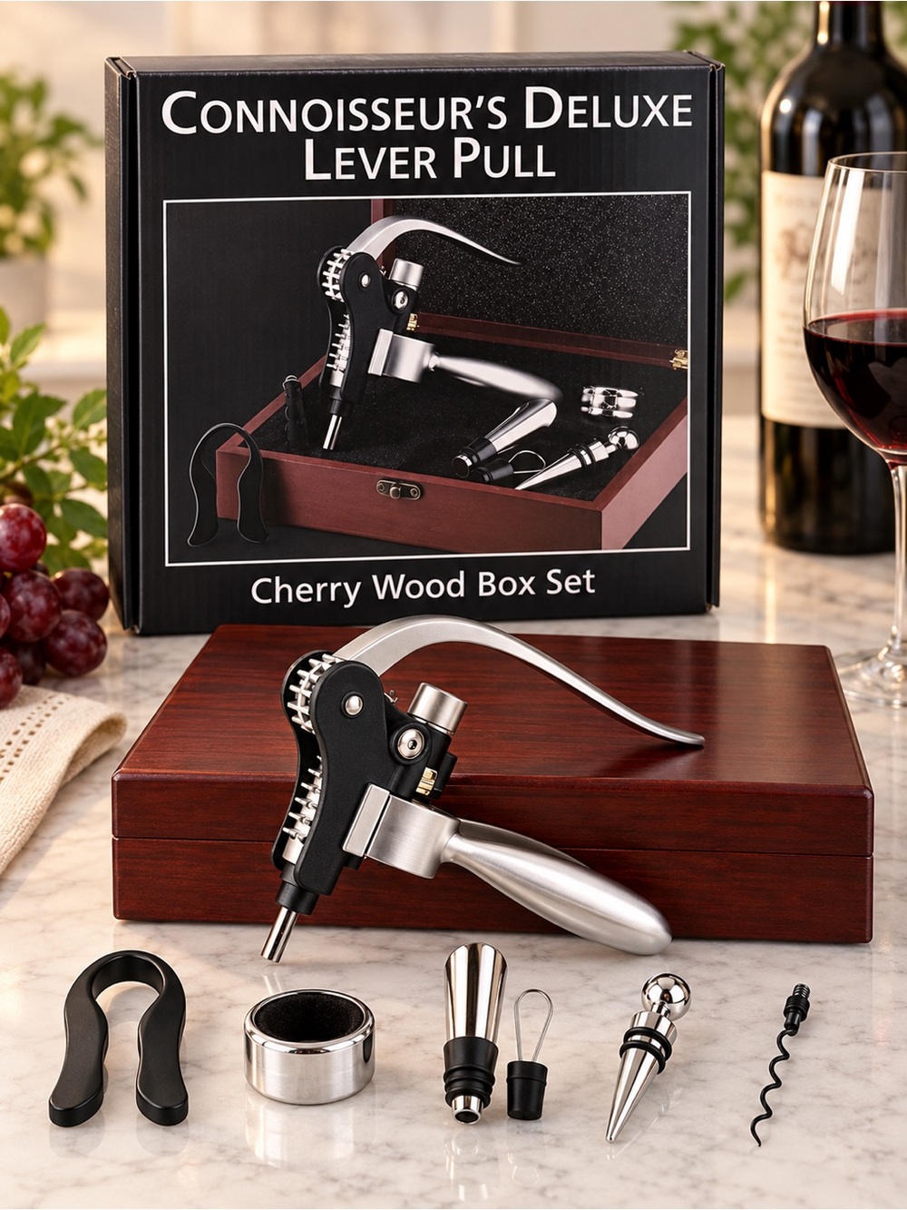 Connoisseur’s Deluxe Lever Wine Opener 6-Piece Accessory Set Cherry Wood Box
